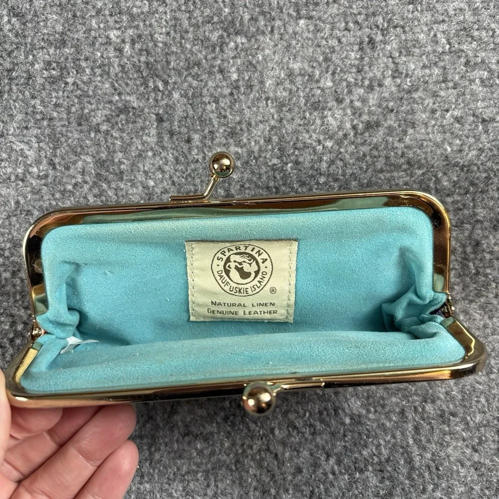 Spartina 449 Eyeglass Case Floral Linen Leather Clamshell Kiss Lock Navy Orange